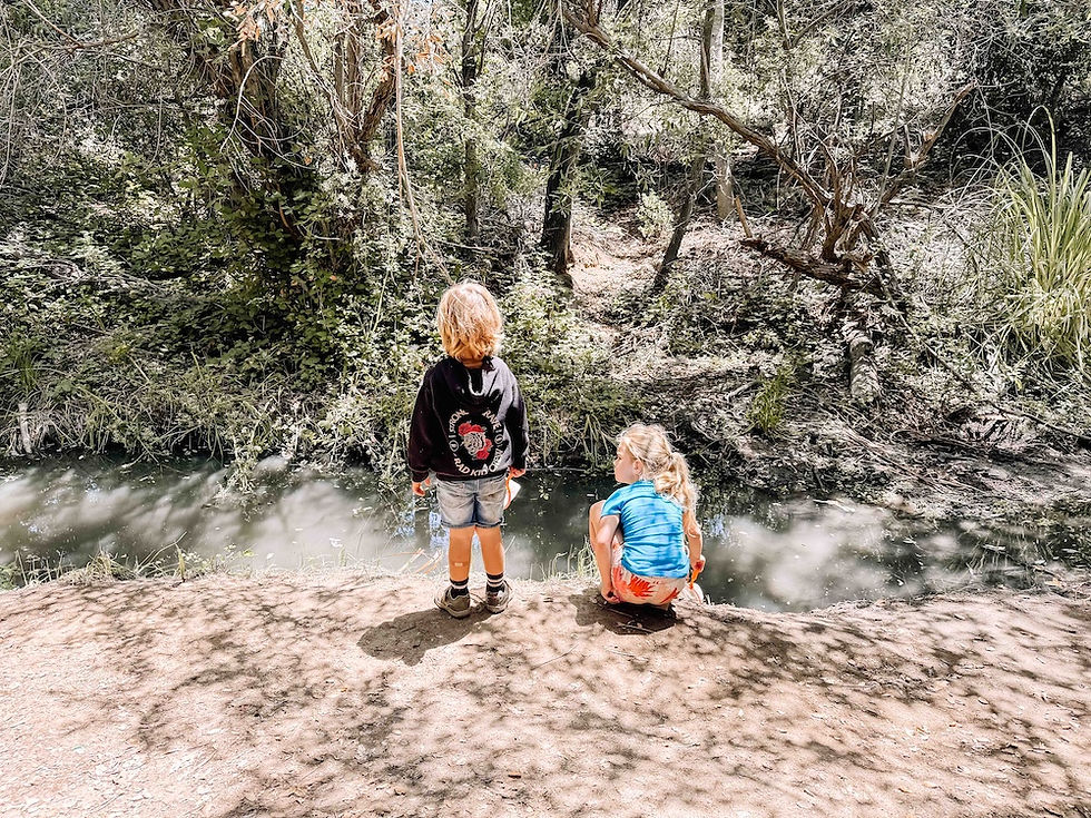 Two children looking into a creek at Buena Vista Park in Vista, exploring nature and building curiosity through Place-Based Education.